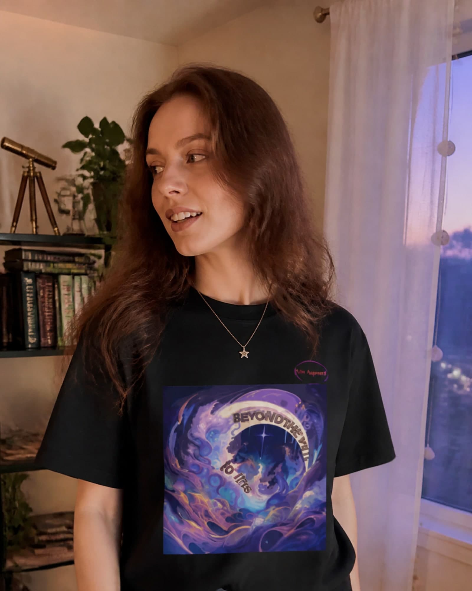 Beyond Here To Far Tee | Cosmic Night Sky Illustration, Purple Blue Nebula