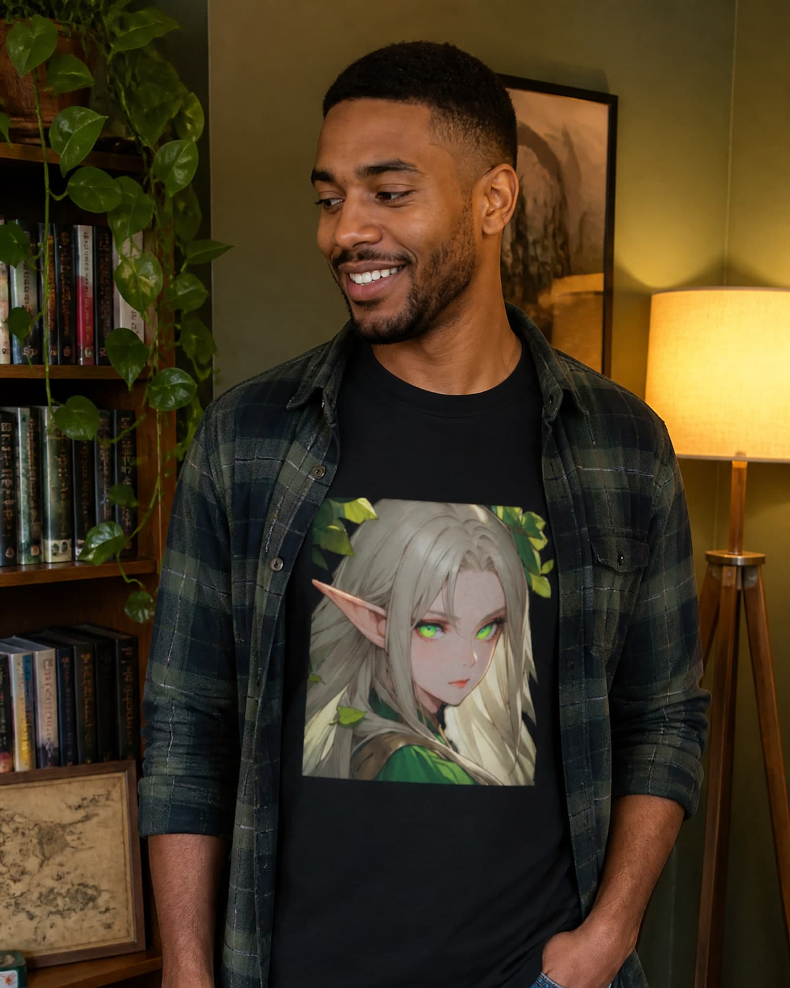 Forest Elf Portrait Tee | Green-Eyed Elf Illustration, Fantasy Artwork